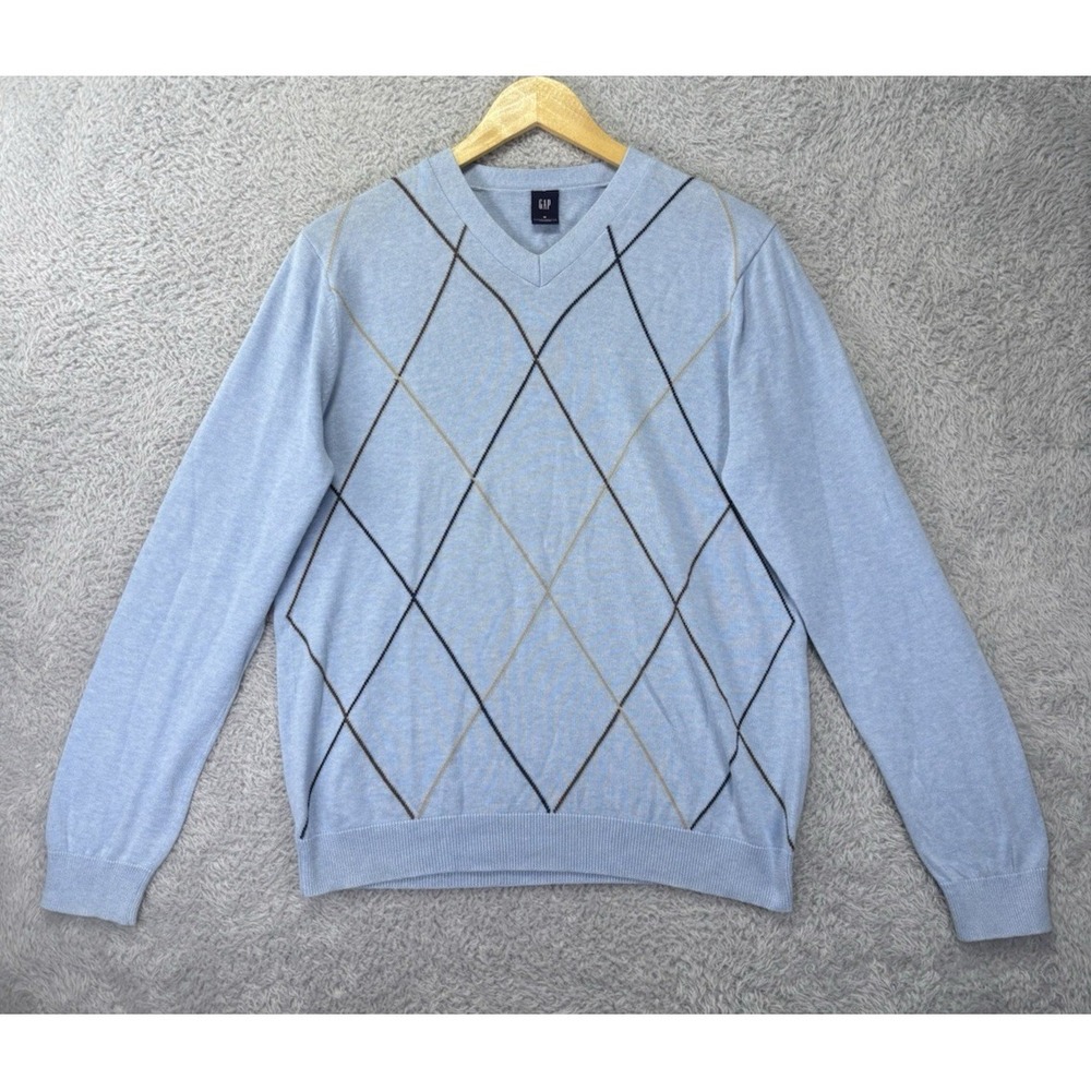 Vintage GAP Men's M Blue Diamond Knit Sweater Light Blue Cotton Preppy Casual